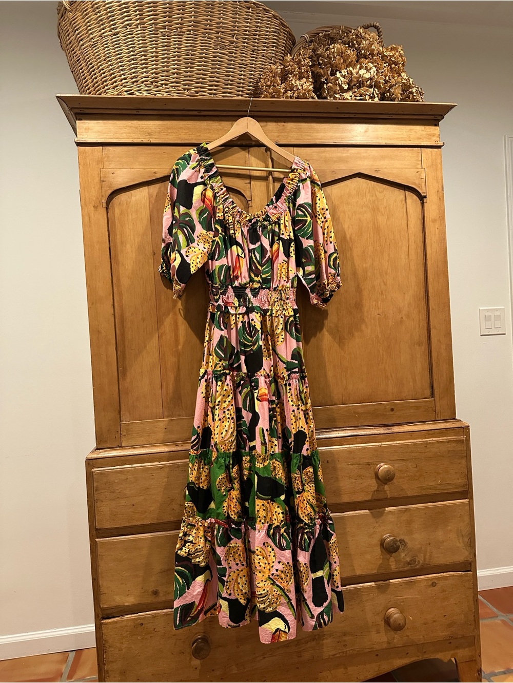 FARM Rio Multicolor Toucan Tiered Maxi Dress in Pink, Green & Yellow - Picture 2 of 8